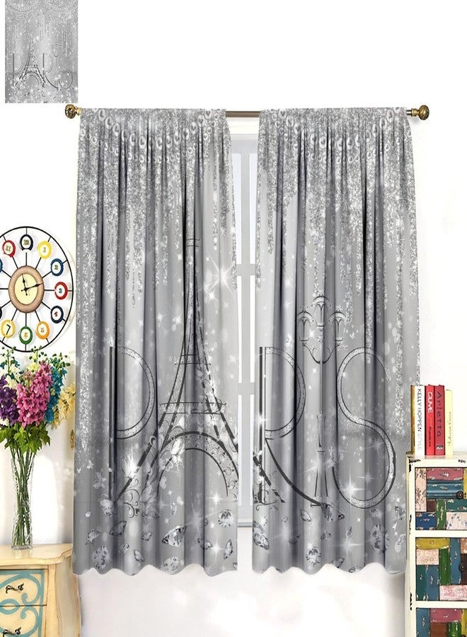 AAVEUP Paris Curtains for Girls Silver Glitter Diamond Romantic Eiffel Tower Waterproof Curtain Luxury Pearls and Jewels Windows Treatments for Bedroom Living Room Kitchen Bathroom 42x45in（No Blackout） - Image 5